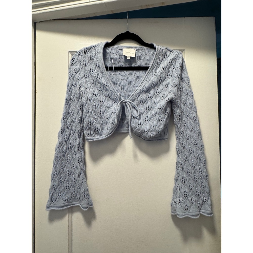 Pink Rose Light Blue Pointelle Knit Cropped Cardigan Tie Front Bell Sleeve Med